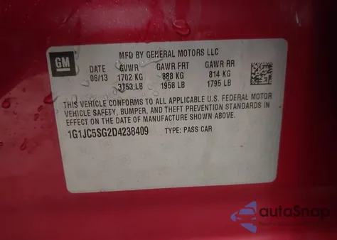 2013 Chevrolet Sonic Lt Auto from USA, damaged, VIN 1G1JC5SG2D4238409